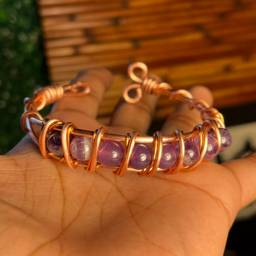 Amethyst Beaded Bracelet, Copper Bracelet. Handmade, 100% Genuine Stone, Crown Chakra - Third Eye Expansion.