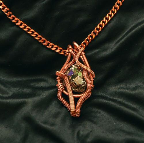 Premium Pyrite Amulet Wrapped in  Pure Solid Copper  + Copper Cuban Link Chain. Stone of Creativity, Confidence, Manifestation, Willpower, Vitality + Action! Power House Stone| Choose Your Length!