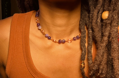 Amethyst Beaded Necklace, Handmade with Genuine Copper. Choker Style, Choose Your Length.