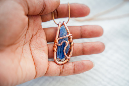 BLUE KYANITE CRYSTAL NECKLACE | THICK COPPER Abstract Unique Design x Healing Crystal for Chakra Cleansing, Manifesting, Restore Peace of Mind, Self Discovery, Intuition. Free & Fast Shipping! High Grade Stone