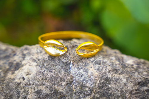 Raw Brass Cowrie Shell Bangle Bracelet, African Cowrie Shell Jewelry, Adjustable Bracelet
