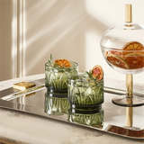 Buchanan Green Stacking Double Old-Fashioned Glasses—Low-Riding Old-Fashioneds Made of Pressed Glass Etch Around in Detailed Arches That Feel Vintage