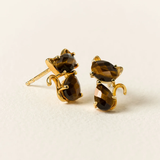 Faceted Feline Cat Earrings—Adorable Handmade Golden Studs Featuring Beautiful, Natural Tiger's Eye