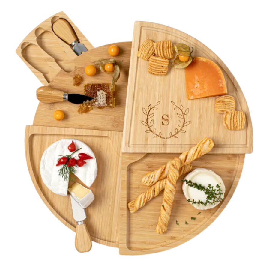 Personalized Compact Swivel Cheese Board—This Personalized Bamboo Cheese Board and Knife Set Converts to a Multi-Level Wheel