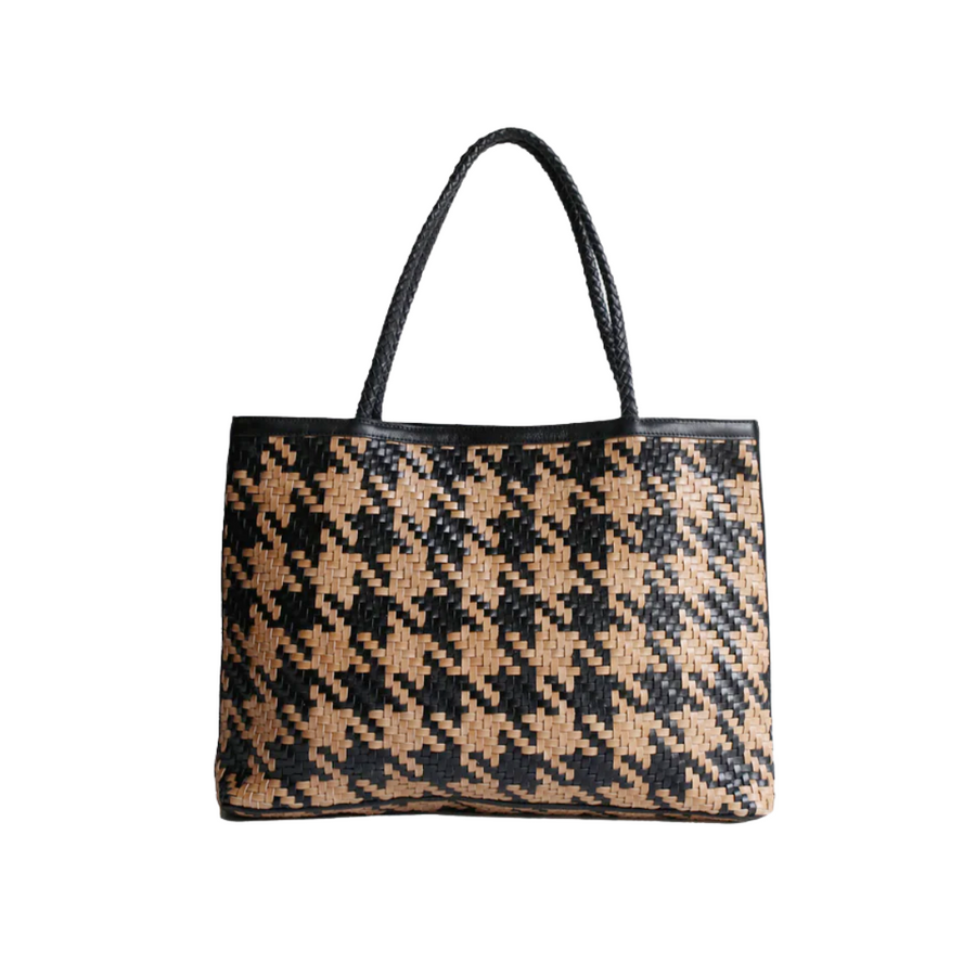Bembien Gabrielle Bag in Houndstooth—A Large Format Carryall Bag Made With Handwoven Leather