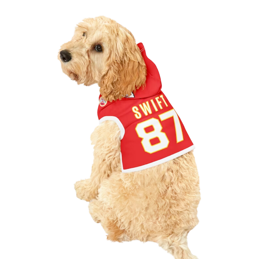 Taylor Swift x Travis Kelce #87 Dog Jersey Hoodie—With Its Stylish Design Inspired By Both Taylor Swift And Kansas City, Your Dog Can Stay Warm And Show Off Their True Colors As A Swiftie