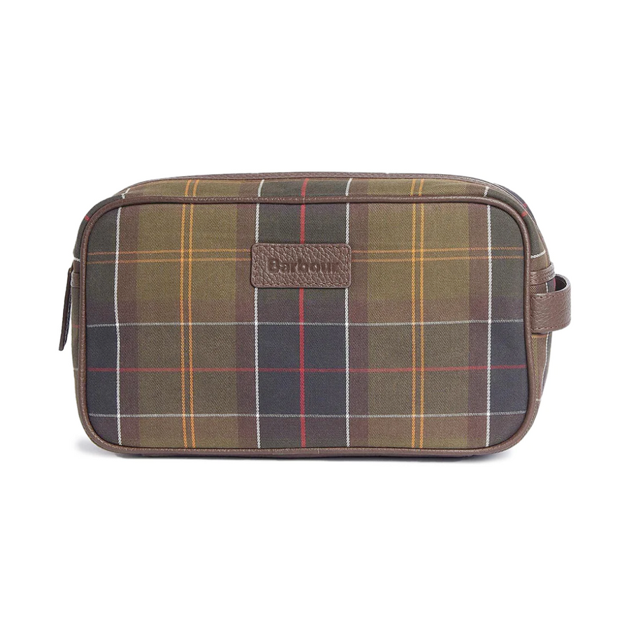 Barbour Tartan Washbag—Essential For Travelers, This Washbag is Trimmed With Genuine Leather and Barbour's Classic Tartan Pattern