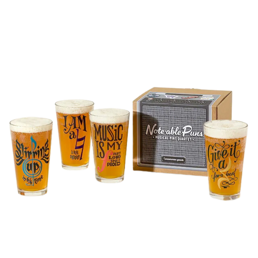 Note-able Puns Musical Pint Quartet—A Set of 4 Punny Glasses Inspired by Musical Notation and Dedicated to the Singers, Instrumentalists, and Music Lovers in Your World