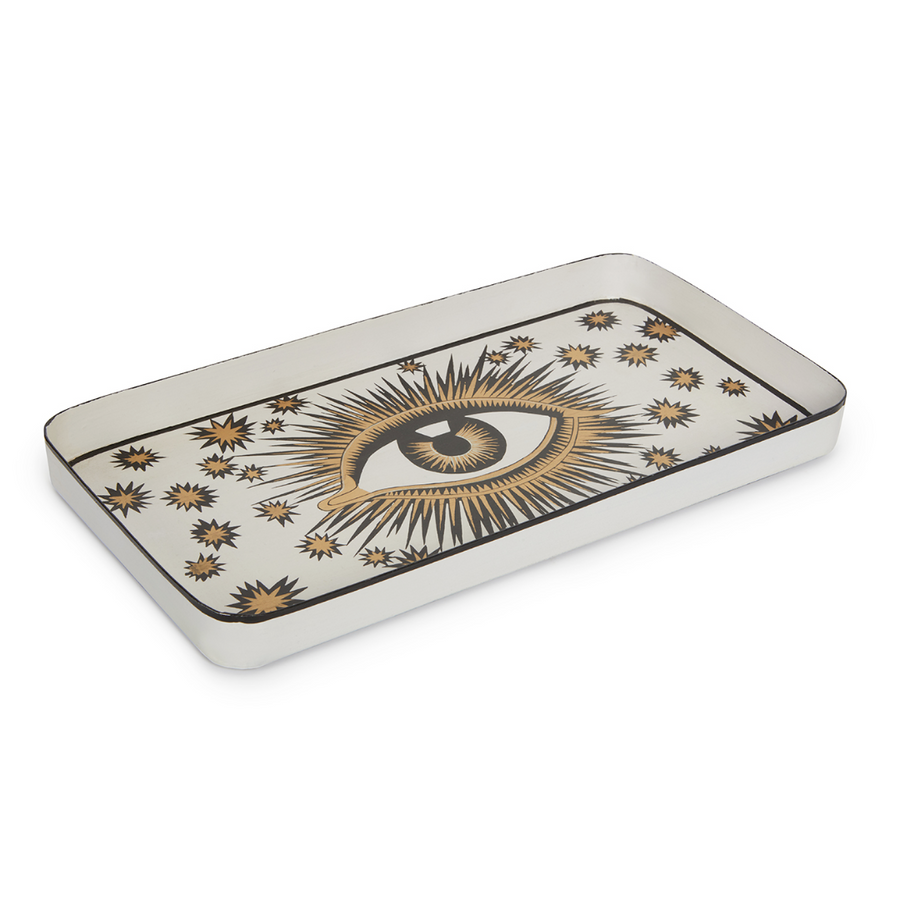 Eye Iron Tray White—This Chic Tray is Crafted From a Durable Iron Metal and Features a Gold-Edged raised Rim
