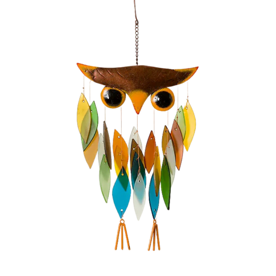 Owl Wind Chime—Shimmering Glass “Feathers” Add Color and Charm to This Watchful, Whimsical Owl