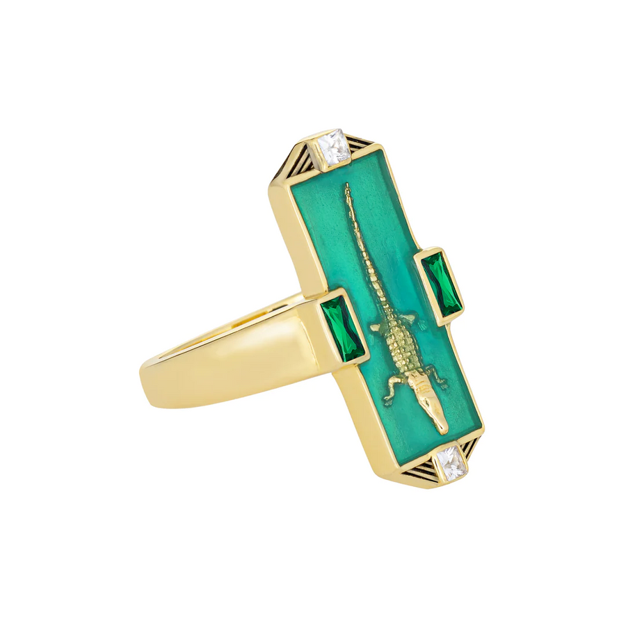 Little Rooms Alligator Ring—This Unique Art Deco-Inspired Ring Features a Gator Partially Submerged in a River