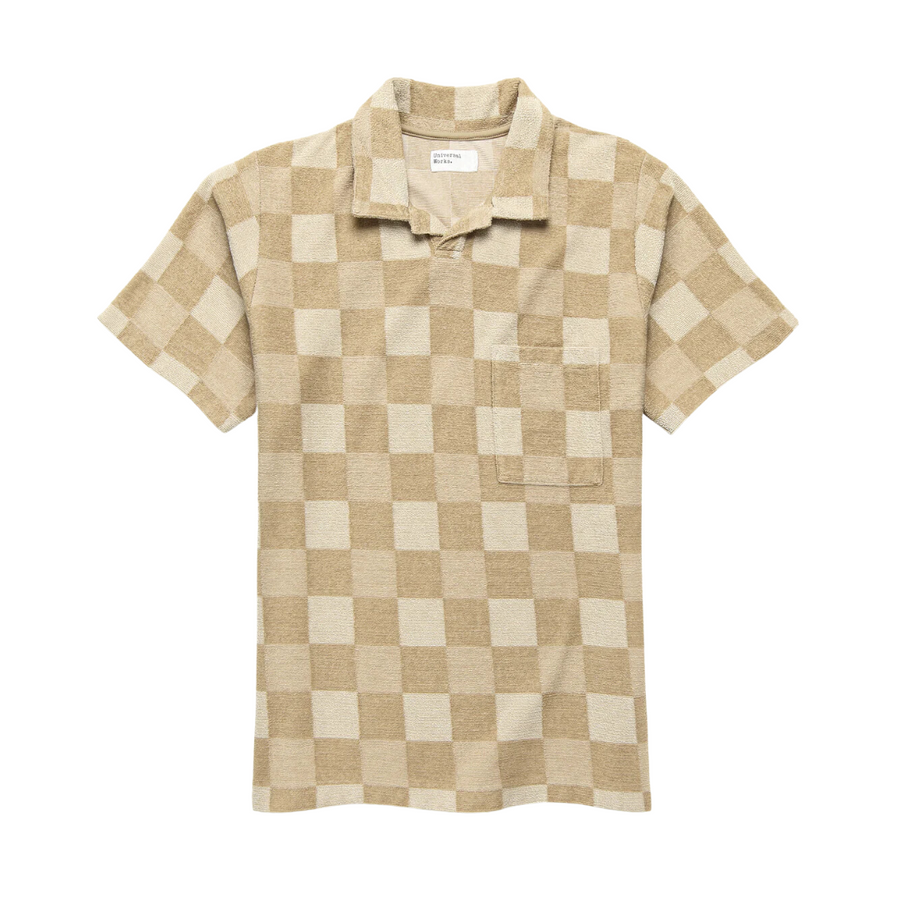 Universal Works Terry Checkerboard Vacation Polo—Made from Luxuriously Fine Terry Cloth That's Lightweight, Super Soft, and Detailed with a Tonal Checkerboard Pattern