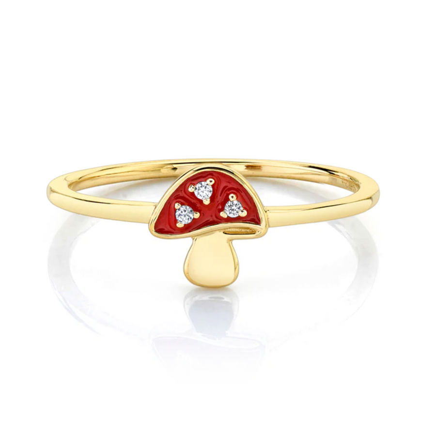 The Last Line Slim Ring Mushroom 14k Yellow Gold—Your Everyday Stacking Band Gets A Playful Pop Of Color With A Red Enamel Mushroom Detail