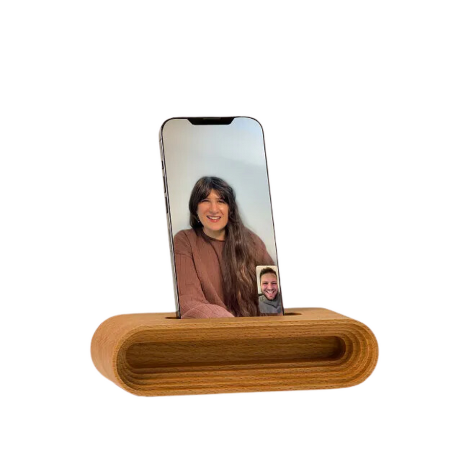 Video Chat Phone Stand and Amplifier—Give Your Smartphone’s Volume a Natural Boost with a Wooden Wire-Free Speaker