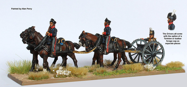 Napoleonic British Royal Foot Artillery 4 Horse Limber Standing, Drivers in Tarletons & Fatigue Caps - Available to Order