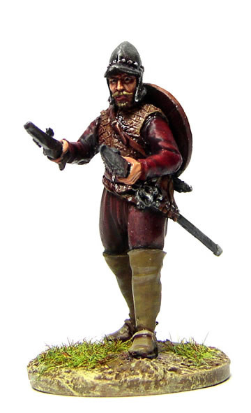 40mm Border Reivers Davy Maxwell, on Foot Standing, 2 Pistols, Slung Targe, Burgonet & Jack - Available to Order