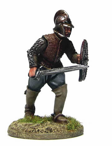 40mm Border Reivers Archie Johnstone, on Foot Running, Sword & Targe / Dagger, Burgonet & Jack - Available to Order