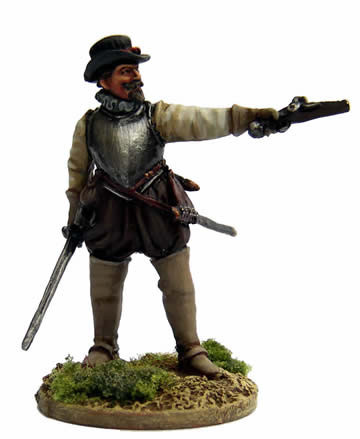 40mm Border Reivers James Johnstone, on Foot Standing Aiming Pistol, Sword, Breastplate & Hat - Available to Order