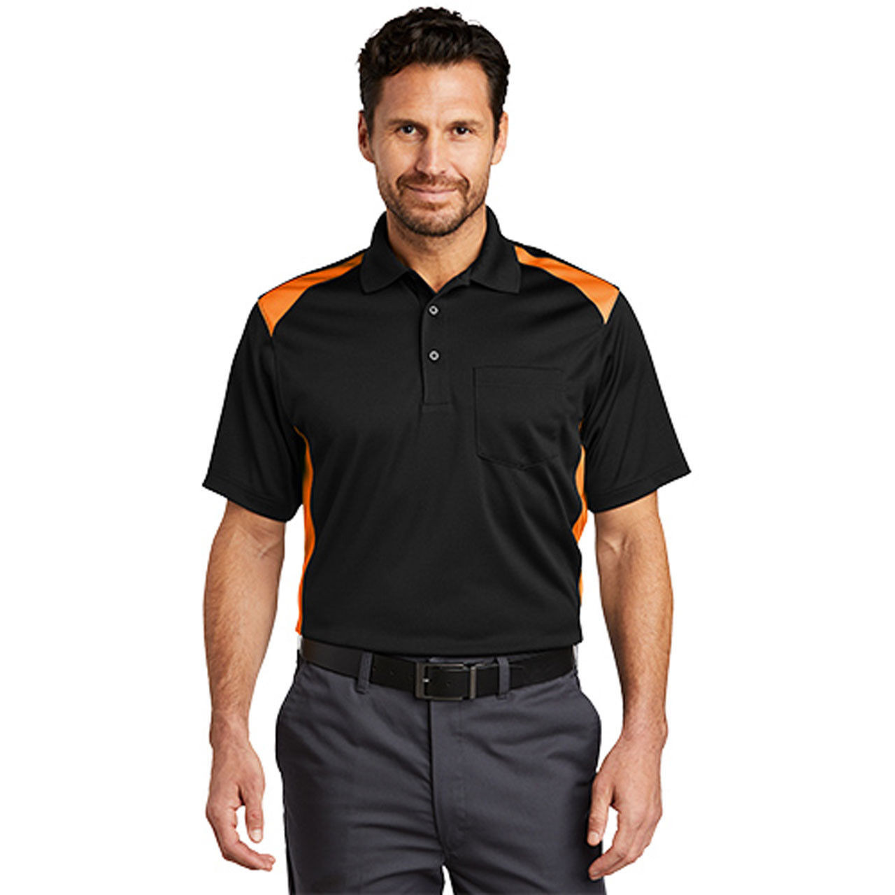 Bulk Snag-Proof Two Way Colorblock Pocket Polo- Black/Orange CS416, Case of 36