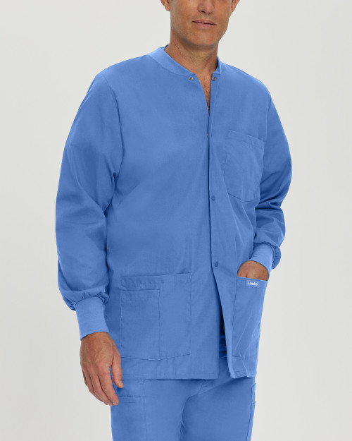 Landau Essentials Scrub Jackets for Men - Classic Relaxed Fit, Crew Neck, Snap Front, 5 Pocket, Warm-up Scrubs 7551