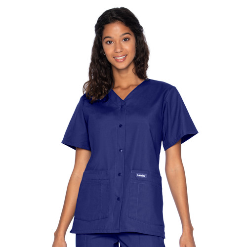 Landau Essentials Snap Front Scrub Top for Women: Classic Relaxed Fit, V-Neck, 4 Pockets  8232