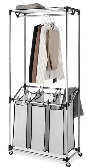 Heavy-Duty Laundry Hamper Triple Sorter with Wheels and Garment Rack