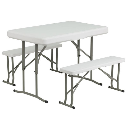 Rowan 3-Piece Portable Folding Bench & Table Set - Granite White Plastic Picnic Set
