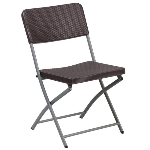 Hensley Brown Rattan Folding Chair - Indoor-Outdoor Plastic Folding Chair with Gray Steel Frame