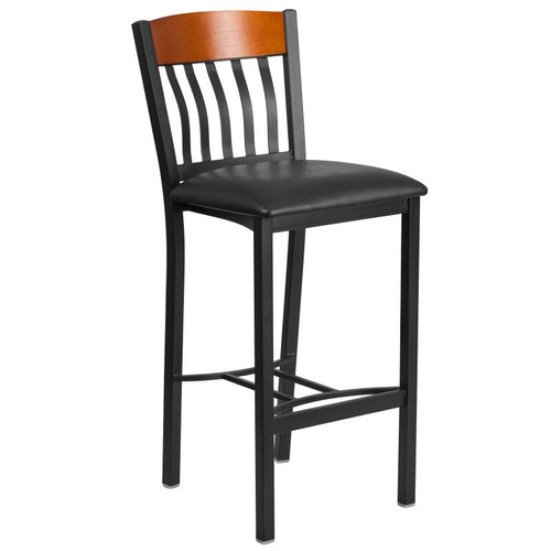 Eclipse Vertical Back Black Metal and Cherry Wood Restaurant Barstool with Black Vinyl Seat