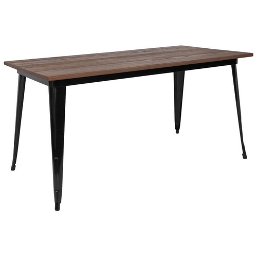 Kenneth 30.25" x 60" Rectangular Black Metal Table with Walnut Rustic Wood Top