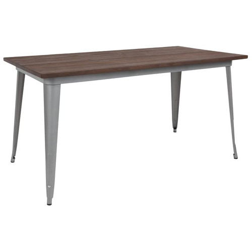 Kenneth 30.25" x 60" Rectangular Silver Metal Table with Walnut Rustic Wood Top