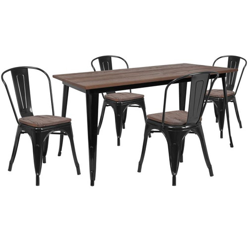 Bailey 30.25" x 60" Black Metal Table Set with Wood Top and 4 Stack Chairs