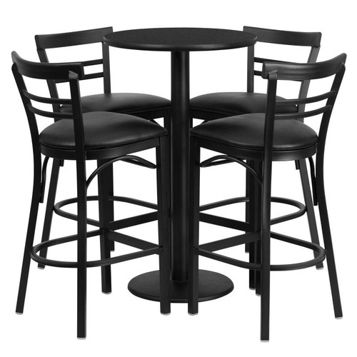 Table & Chair Sets - 24" Round Laminate Table Set with 4 Two-Slat Ladder Back Metal Barstools - Black Vinyl Seat
