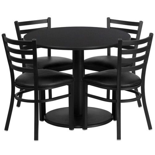 Table & Chair Sets - 36" Round Laminate Table Set with 4 Ladder Back Metal Chairs - Black Vinyl Seat