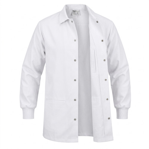 Signature Short-Length Butcher Frock, 3 Pocket, Knit Cuff - White