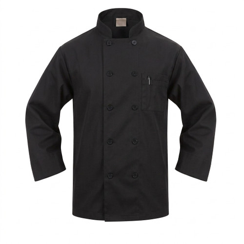 Spun Poly Chef Coat, Thermometer Pocket, Button Front - Black