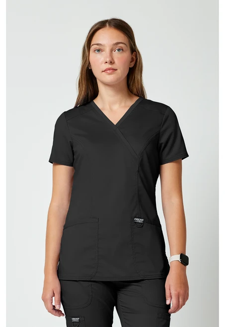 Cherokee Workwear Revolution Women's Mock Wrap Scrub Top and Flare Leg Scrub Pants - Black