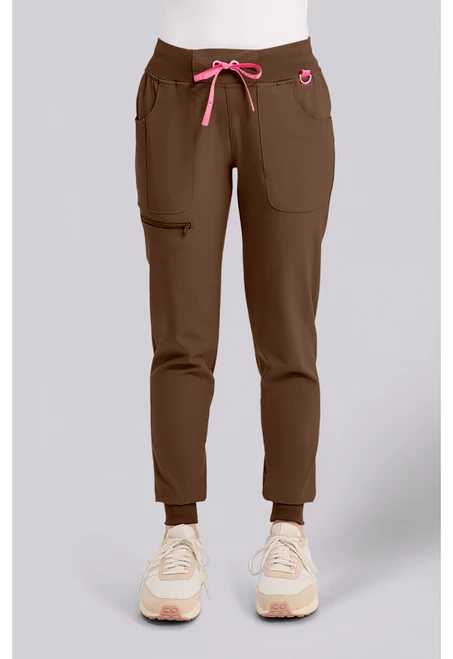 Med Couture AMP Women's Petite Mid Rise Jogger Scrub Pants - Dark Truffle