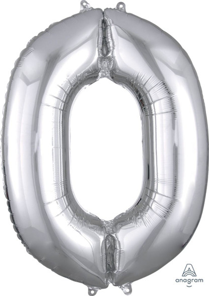 34" Silver Number 0 Supershape Decorative Foil Balloon