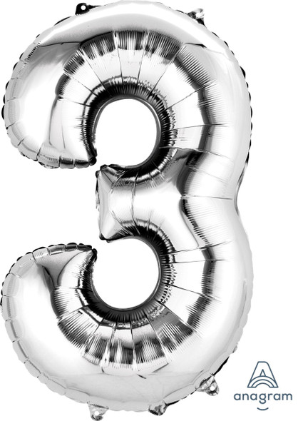 34" Silver Number 3 Supershape Decorative Foil Balloon