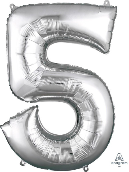 34" Silver Number 5 Supershape Decorative Foil Balloon