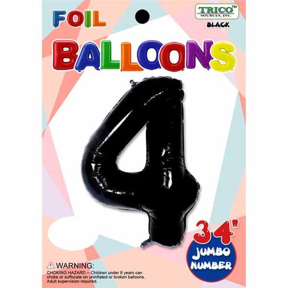 34" Black Number 4 Supershape Decorative Foil Balloon