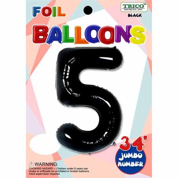 34" Black Number 5 Supershape Decorative Foil Balloon