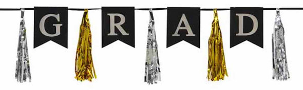 6.5' Grad Graduation Streamer Banner Party Decor Black Silver And Gold