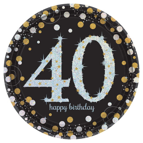 Sparkling Celebration 40 Happy Birthday 9" Round Dinner Plates 8 Pack