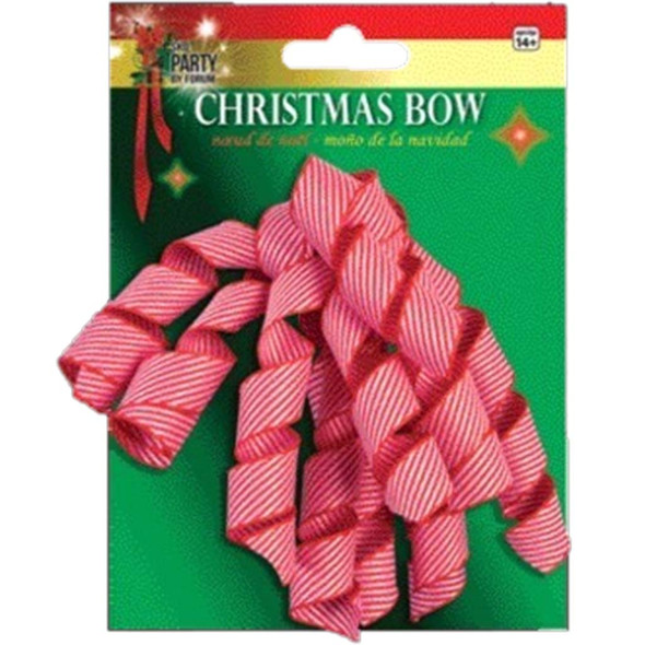 Red And White Striped Candy Cane Curly Fabric Christmas Bow