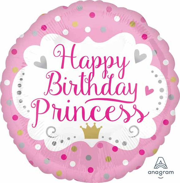 Happy Birthday Princess Pink Crown & Dots Foil Balloon