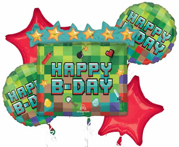 Anagram Pixel Party Gaming Happy Birthday Balloon Bouquet Arrangement 5 Foil Balloons