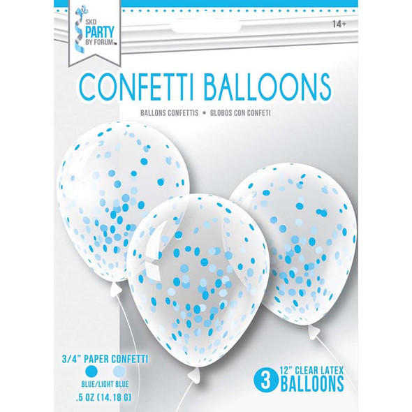 Blue Confetti Filled 12" Latex Balloons 3 Pack