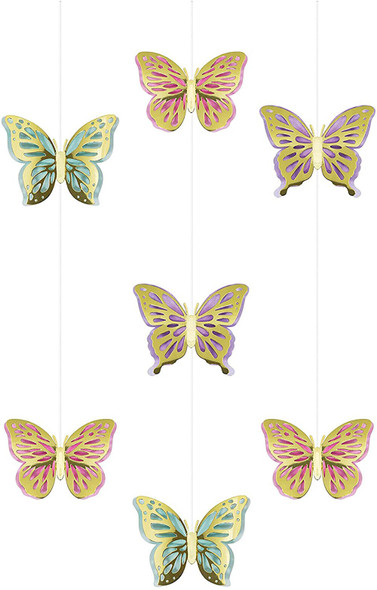 Butterfly Shimmer Party Hanging Strings Cutouts Pretty Pastel & Gold Foil Tea Party 3/ct